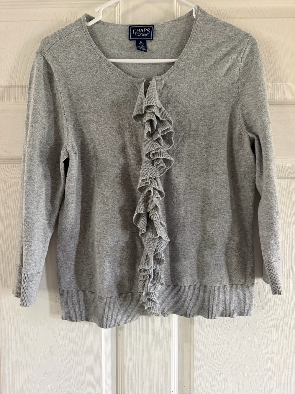 Chaps Light Gray Ruffle-Front Knit Cardigan